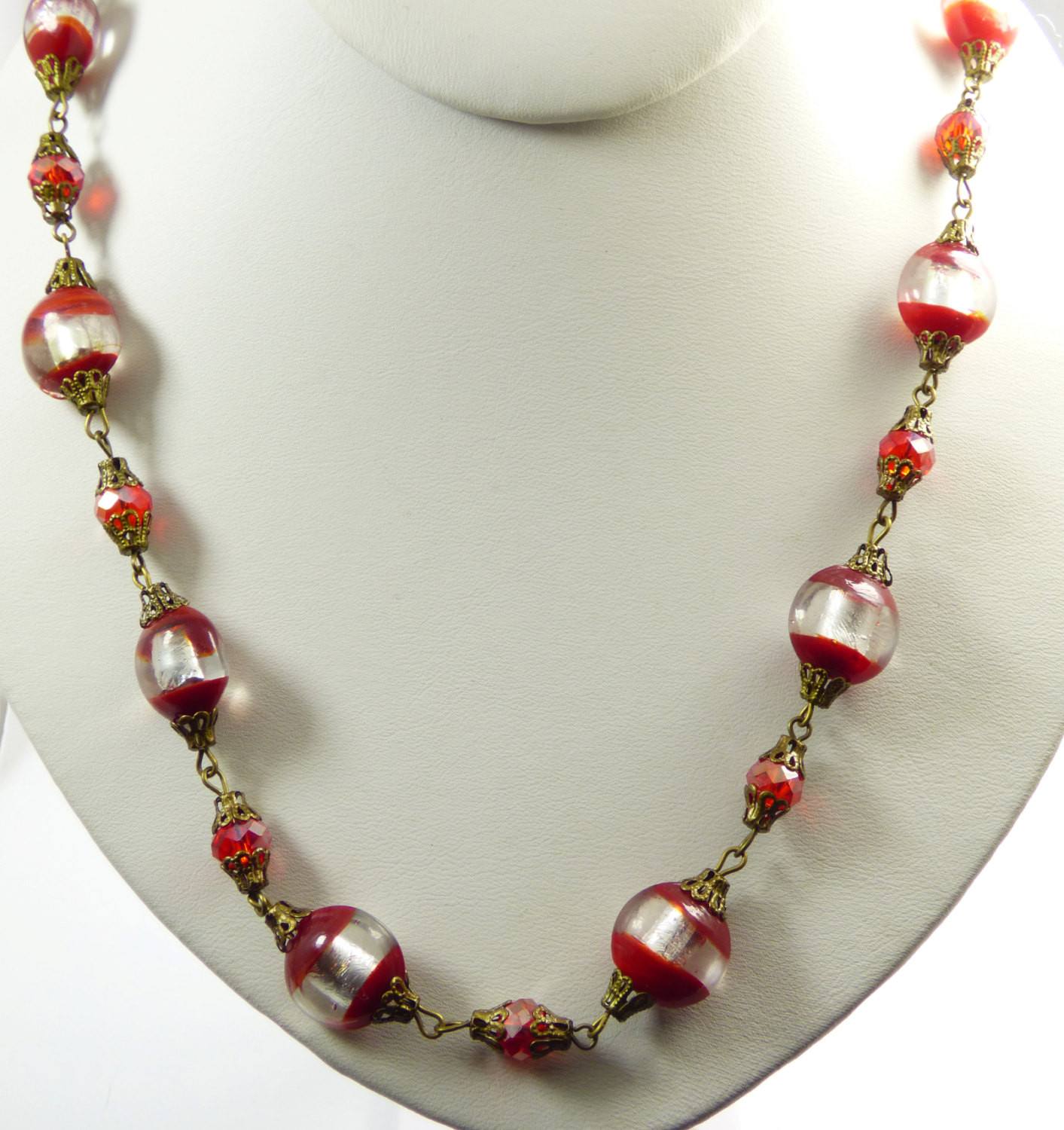 Vintage Red and Silver Foil Lampwork Glass Crystal Bead Necklace ...