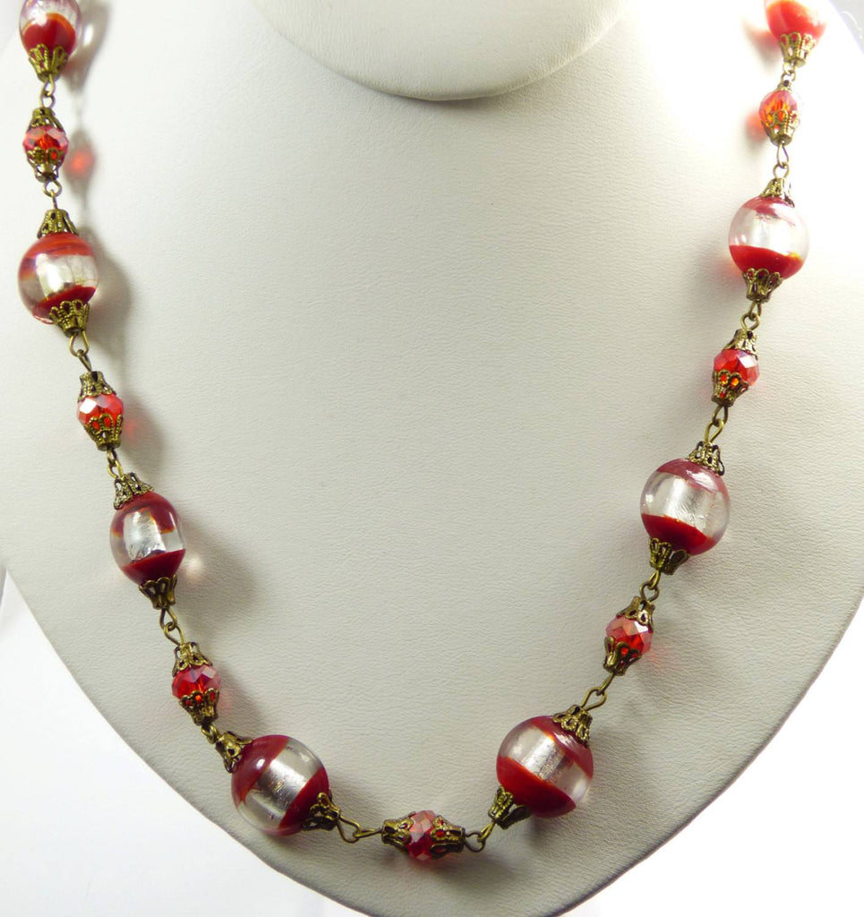 Vintage Red and Silver Foil Lampwork Glass Crystal Bead Necklace - Vintage Lane Jewelry