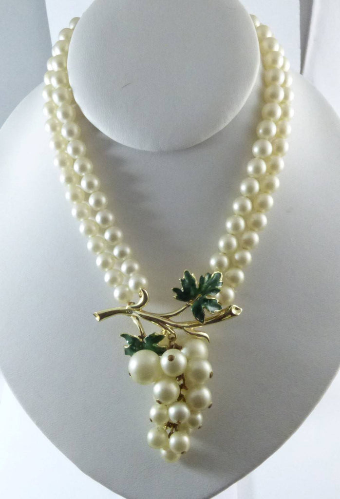 Vintage Signed Coro Pearl Grape Cluster Dangle Enamel Leaf Bib Necklace - Vintage Lane Jewelry