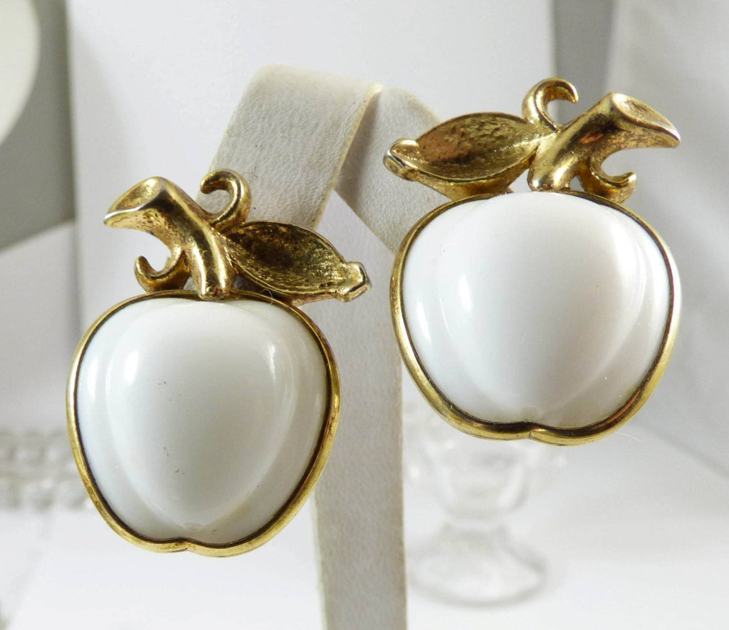 Vintage Crown Trifari Milk Glass Apple Clip Earrings - Vintage Lane Jewelry