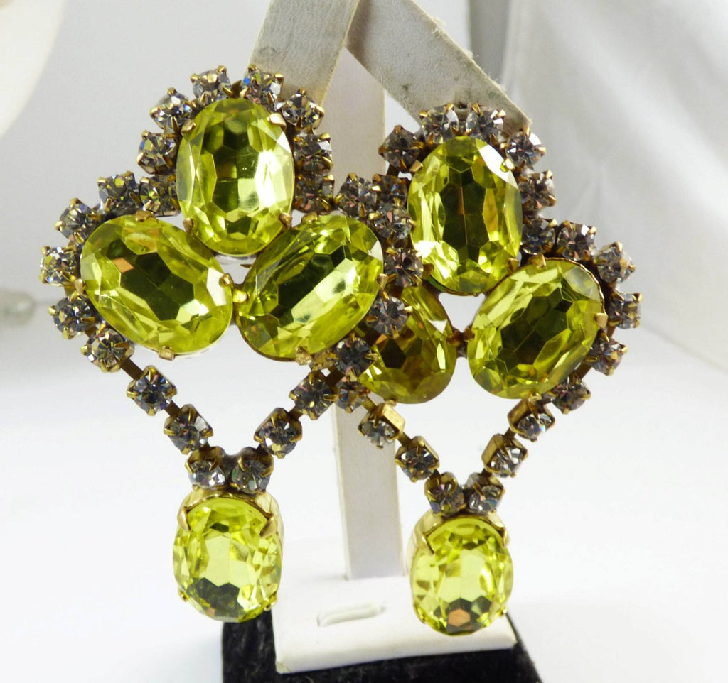 Czech Glass Bold Statement Set, Yellow Gold Rhinestones surrounded by Clear glass Stones, Matching Clip Earrings - Vintage Lane Jewelry