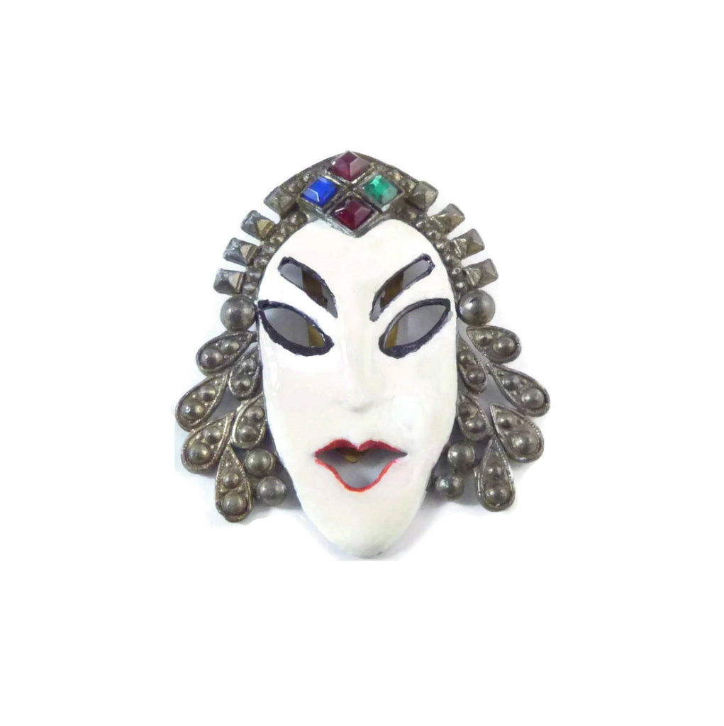 Antique Dress Clip Asian White Painted Face on Pot Metal, Rhinestone - Vintage Lane Jewelry
