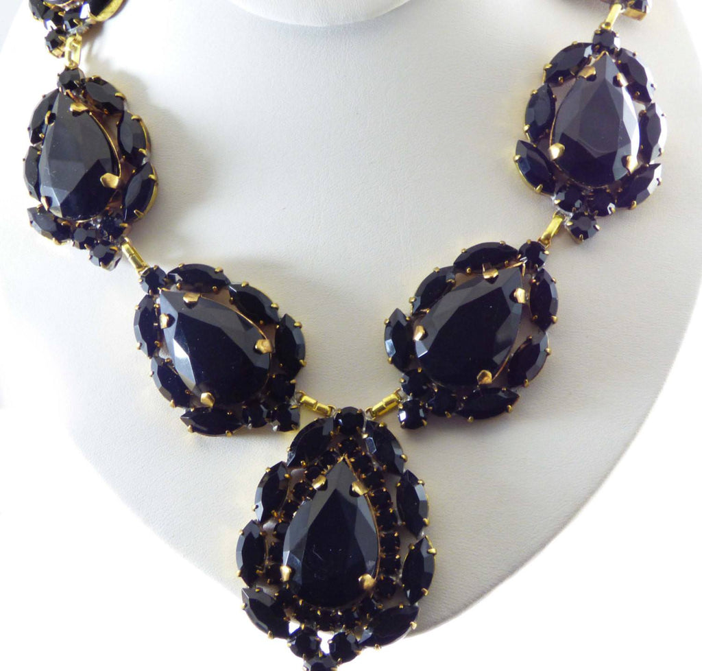 Huge Black Czech Glass Statement Necklace - Vintage Lane Jewelry