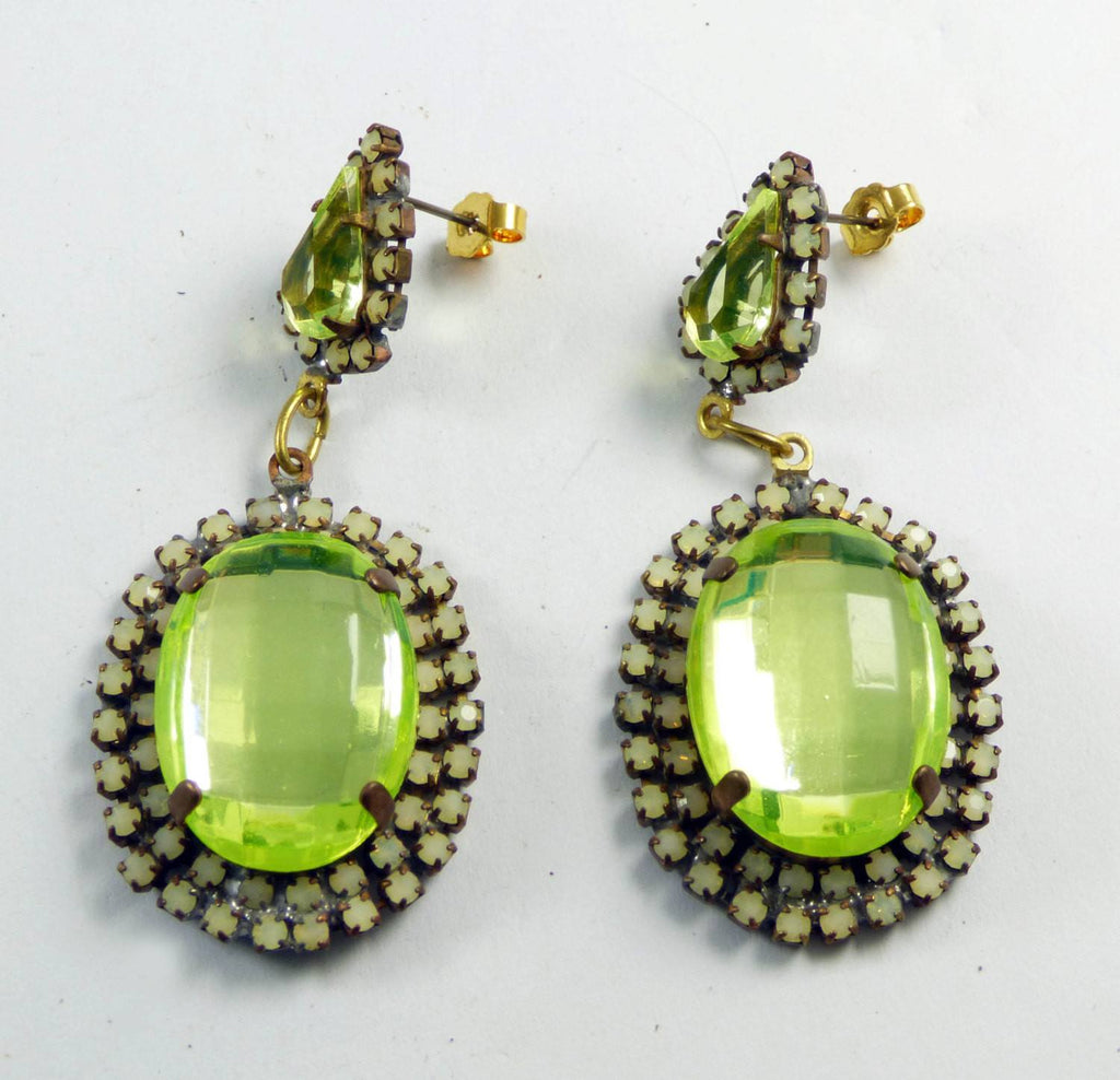 Czech Vaseline Uranium Glass Oval Pierced Style Earrings - Vintage Lane Jewelry