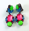 Czech Multicolored Pastel Neon Japanned Clip Earrings - Vintage Lane Jewelry