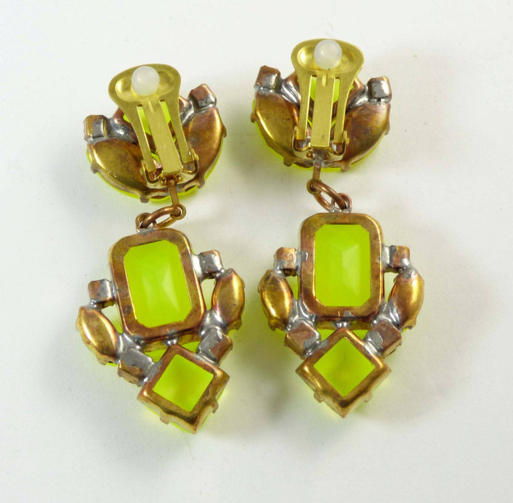 Czech Neon Yellow Clip Earrings - Vintage Lane Jewelry