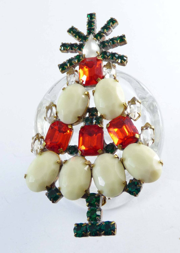 Czech Glass Opaque White and Red Rhinestone Husar D. Christmas Tree Pin, X-mas pin, Holiday Brooch - Vintage Lane Jewelry
