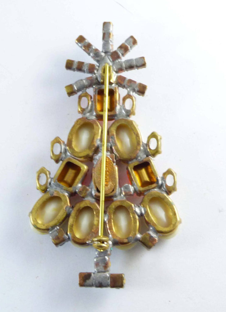Czech Glass Opaque White and Red Rhinestone Husar D. Christmas Tree Pin, X-mas pin, Holiday Brooch - Vintage Lane Jewelry