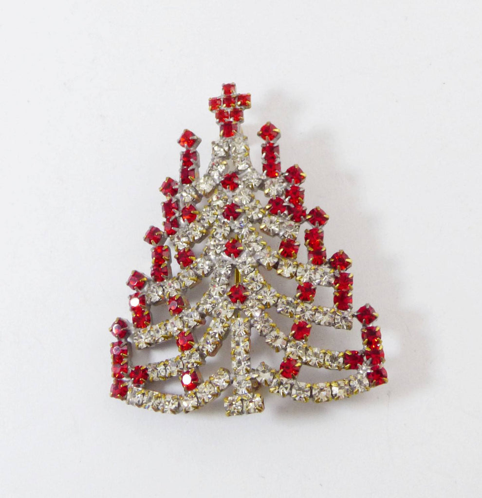 Czech Glass Red and Clear Rhinestone Christmas Tree Brooch, Xmas Pin, Holiday Brooch - Vintage Lane Jewelry