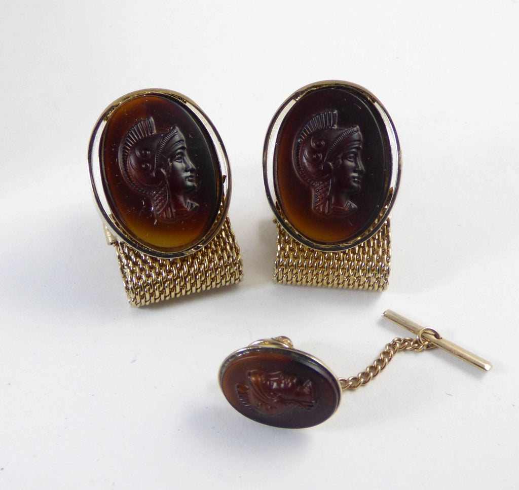 Trojan Soldier Cameo Celluloid Cufflinks and Tie Tack Set in Original Box - Vintage Lane Jewelry