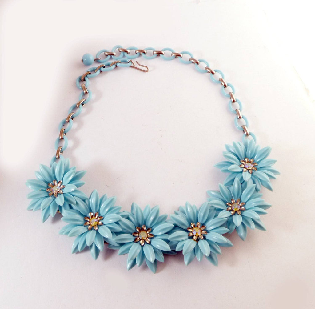Blue Soft Plastic Flower Daisy Celluloid Necklace - Vintage Lane Jewelry