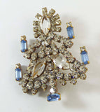 Czech Glass Clear Rhinestone Blue Candles Christmas Tree Pin, X-mas pin, Holiday Brooch - Vintage Lane Jewelry
