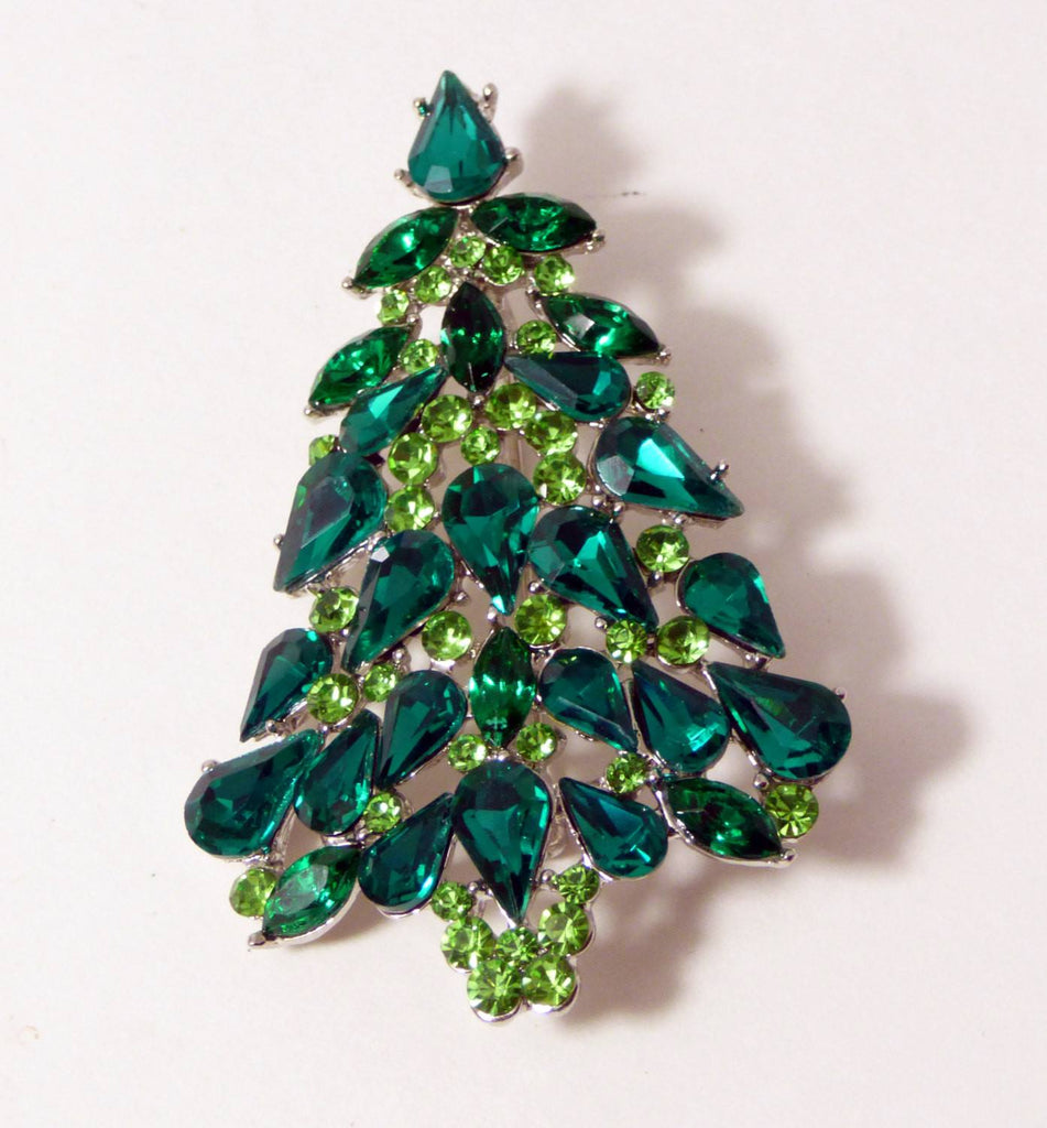 Rhinestone Green Glass Christmas Tree Pin, Holiday Brooch, X-mas Pin - Vintage Lane Jewelry