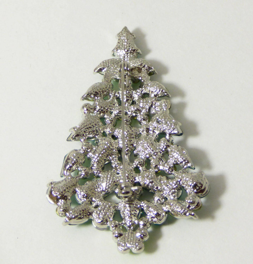 Rhinestone Green Glass Christmas Tree Pin, Holiday Brooch, X-mas Pin - Vintage Lane Jewelry