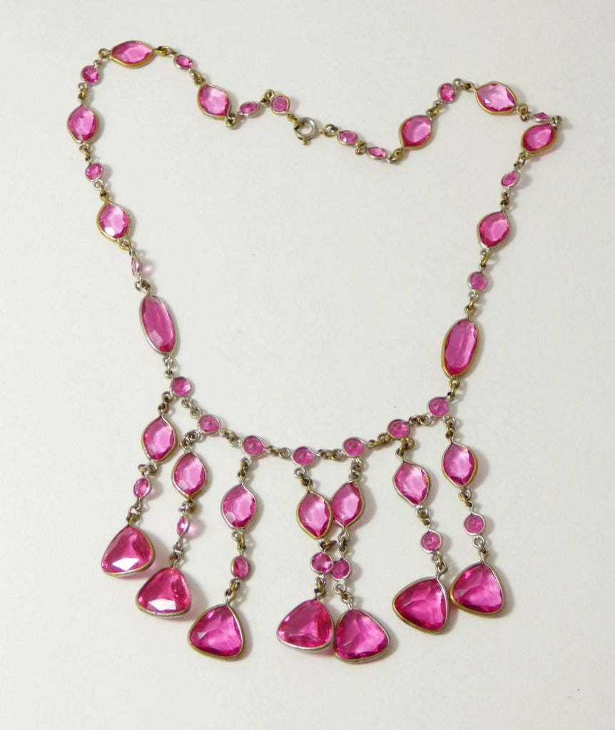 Vintage Art Deco Open Back Bezel Set Pink Crystal Dangle Bib Necklace - Vintage Lane Jewelry