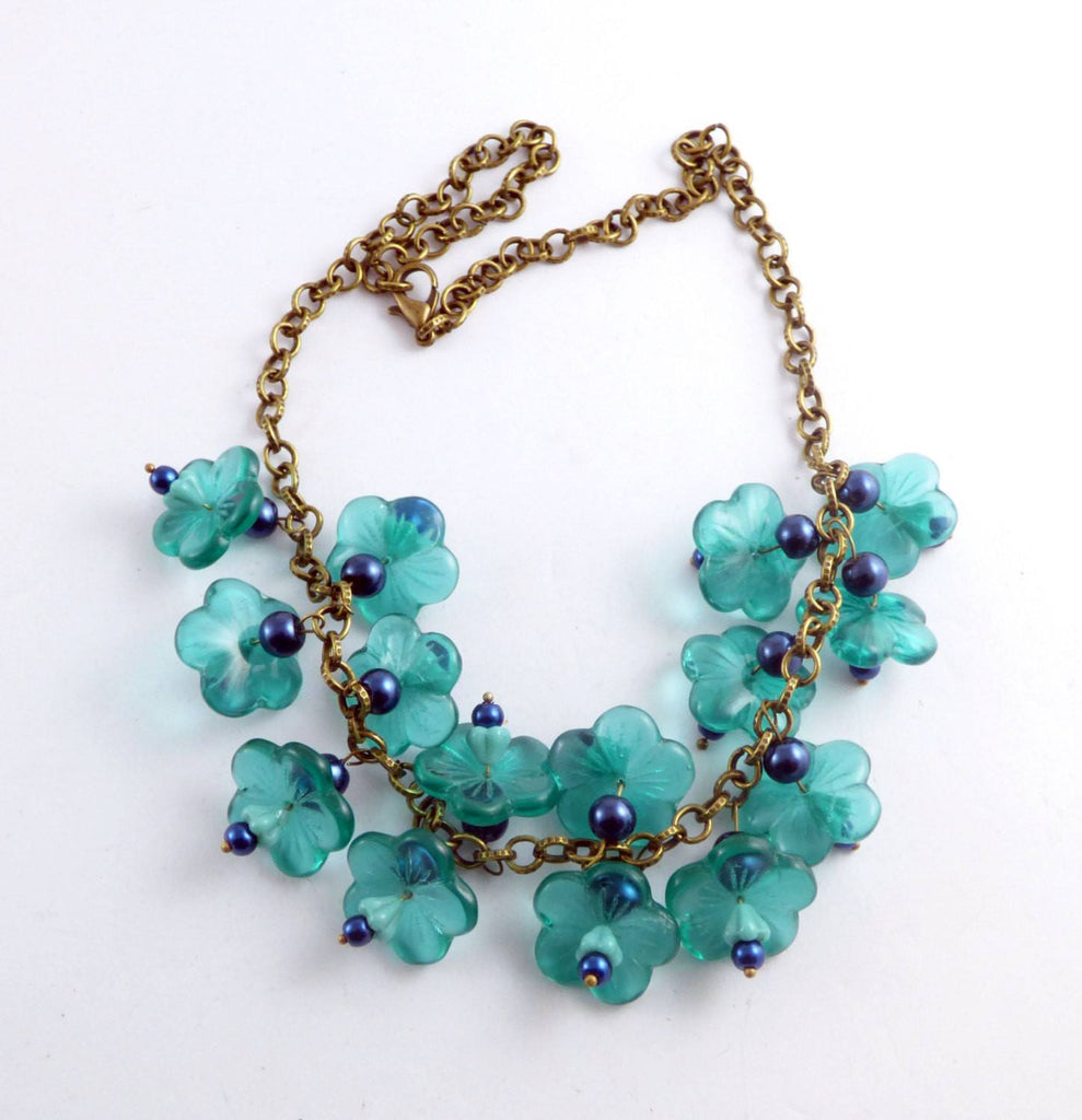 Glass Teal Colored Flowers with Dark Blue Beaded Brass Necklace - Vintage Lane Jewelry