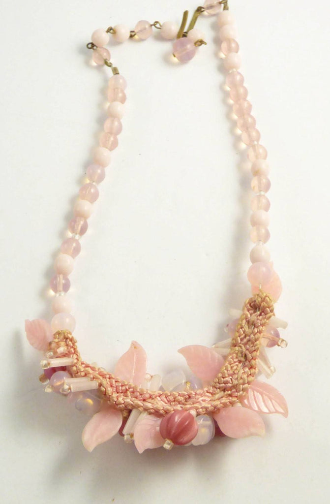 Vintage Pate de Verre Art Glass Pink Flower Necklace - Vintage Lane Jewelry