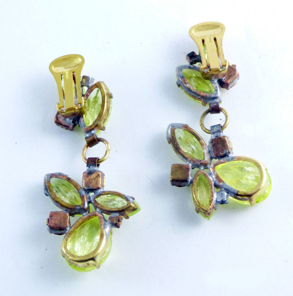 Vaseline Uranium Czech Glass Dangle Clip Earrings - Vintage Lane Jewelry