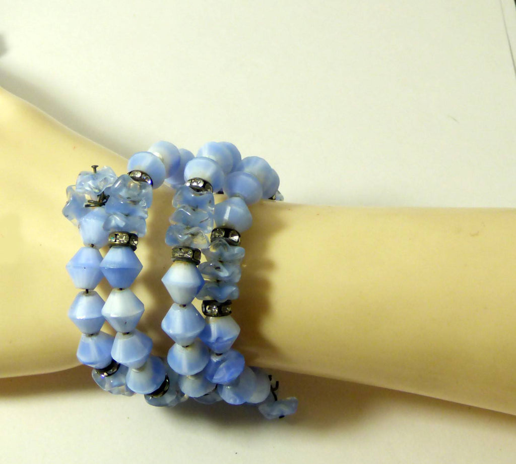Miriam Haskell Early Blue Givre and Art Glass Wrap Bracelet Earring Set - Vintage Lane Jewelry
