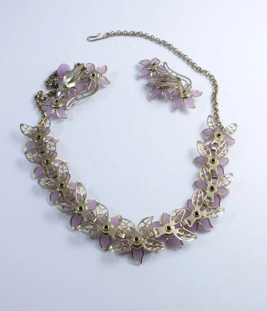 Vintage Lavender Rhinestone Plastic Flower Book Chain Necklace and Clip Earrings - Vintage Lane Jewelry