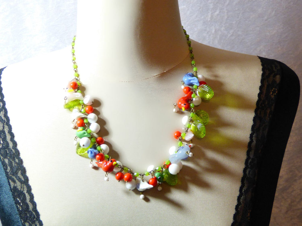 Murano Glass Bird, Glass Leaves Beaded Necklace - Vintage Lane Jewelry