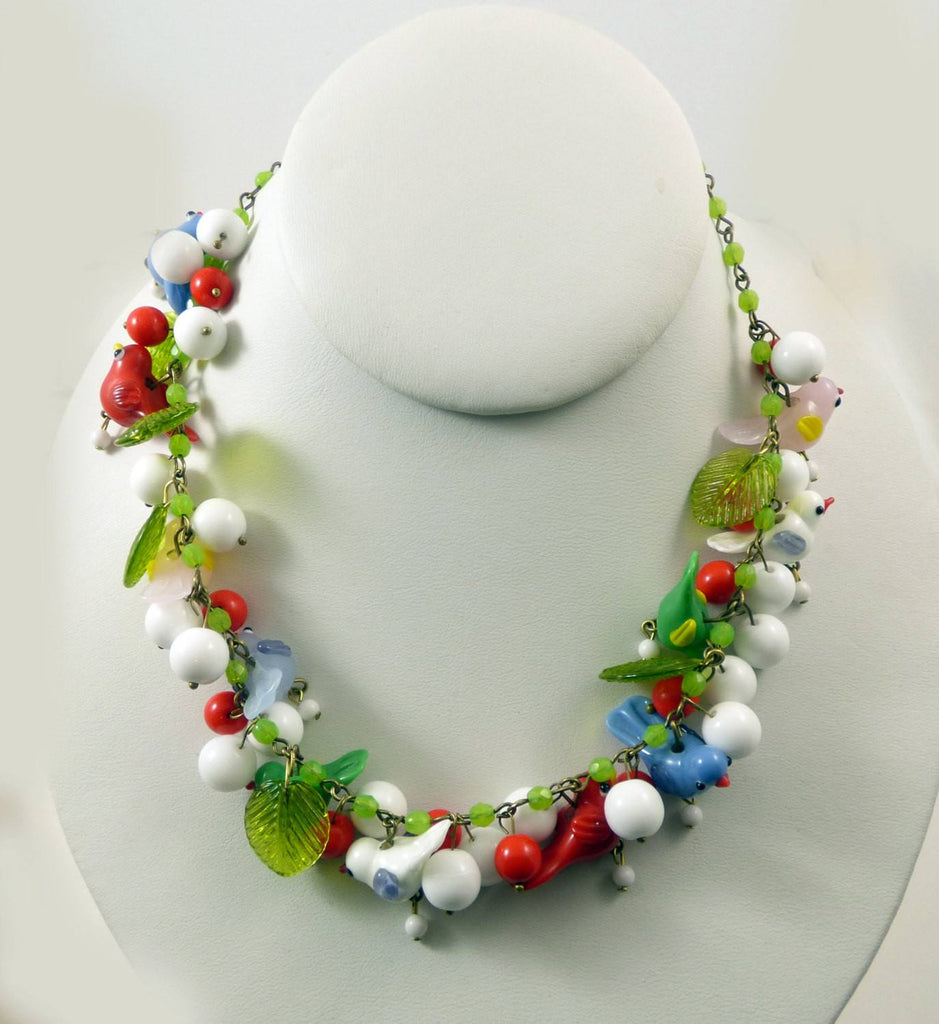 Murano Glass Bird, Glass Leaves Beaded Necklace - Vintage Lane Jewelry