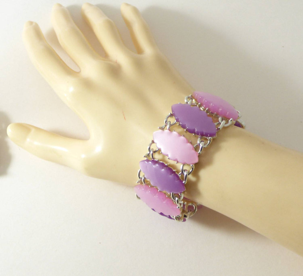Vintage Thermoset Pearly Pink and Purple Necklace, Bracelet, Clip Earrings - Vintage Lane Jewelry