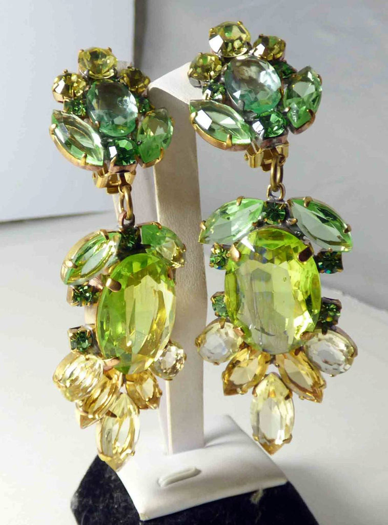Czech Glass Dangling Clip Earrings Jonquil and Green - Vintage Lane Jewelry