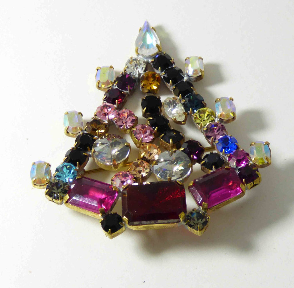 Signed Bijoux MG Rhinestone Christmas Tree Pin, Holiday brooch, X-mas Pin - Vintage Lane Jewelry