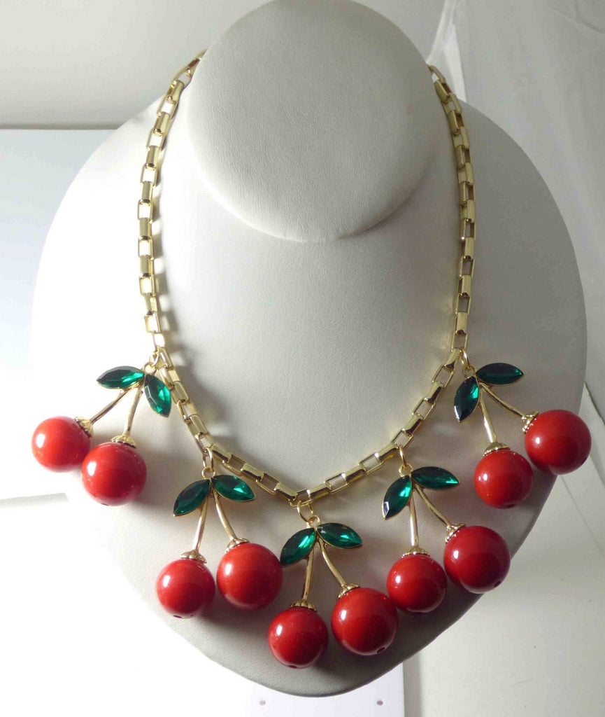 Red Cherries Bib Fringe Necklace, Lucite Cherries and Green Rhinestones - Vintage Lane Jewelry