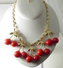 Red Cherries Bib Fringe Necklace, Lucite Cherries and Green Rhinestones - Vintage Lane Jewelry