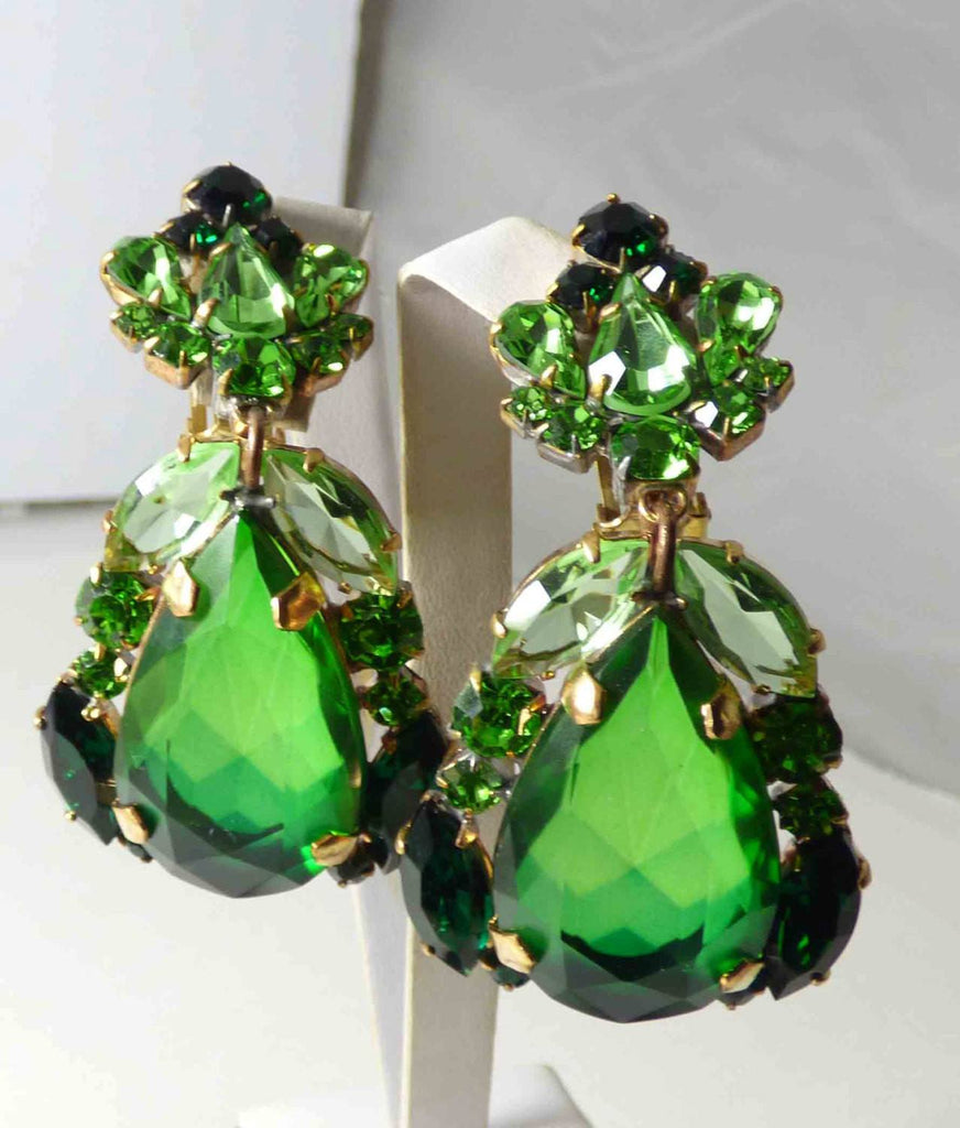 Green Czech Glass Dangling Melon Green Rhinestone Clip Earrings - Vintage Lane Jewelry