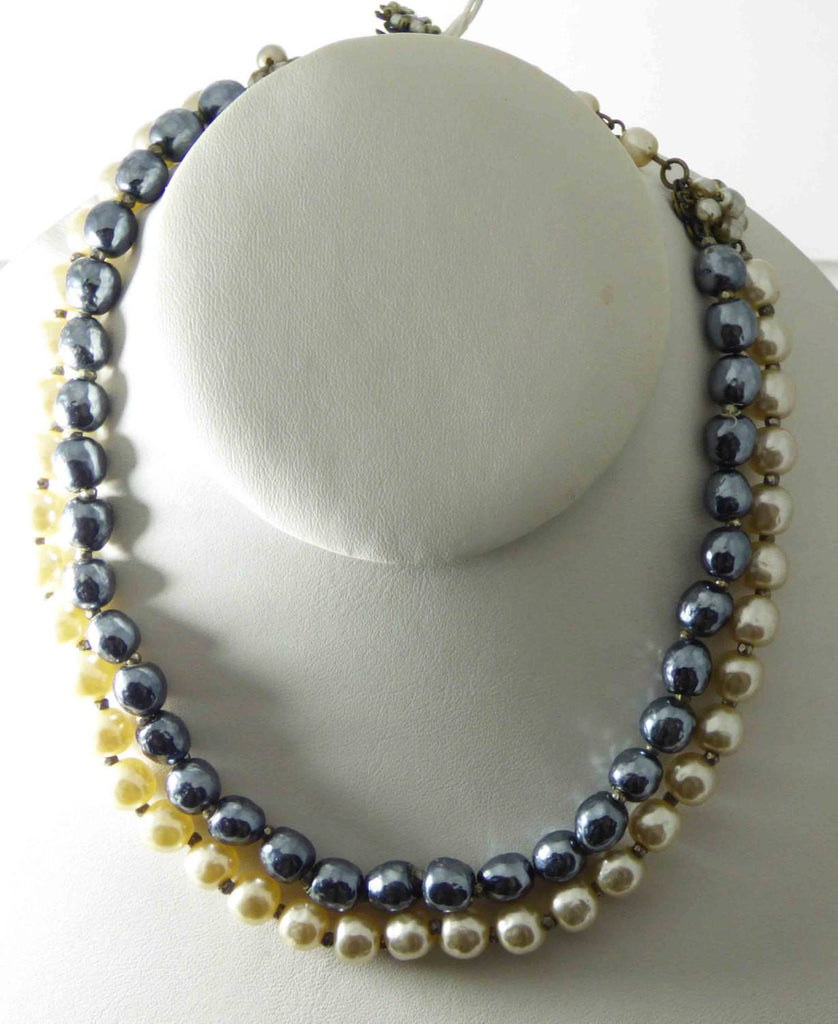 Miriam Haskell Navy Blue and Ivory Baroque Pearl Necklace - Vintage Lane Jewelry