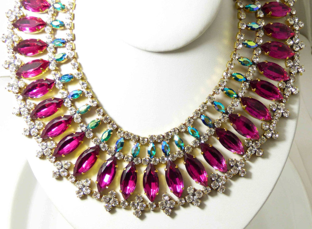 Fuchsia and AB Watermelon Stones Czech Rhinestone Bib Necklace - Vintage Lane Jewelry