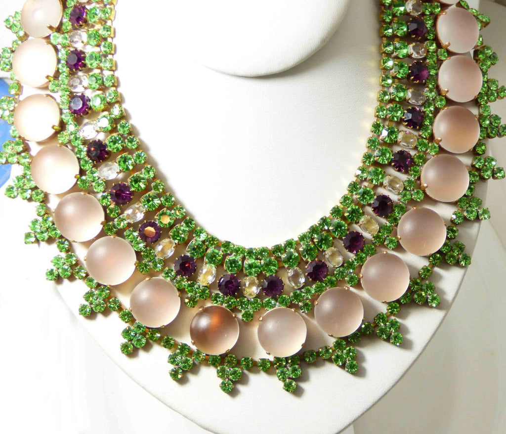 Czech Glass Peach Cabochon Purple and Green Rhinestone Bib Necklace with Clip Earrings - Vintage Lane Jewelry