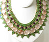 Czech Glass Peach Cabochon Purple and Green Rhinestone Bib Necklace with Clip Earrings - Vintage Lane Jewelry