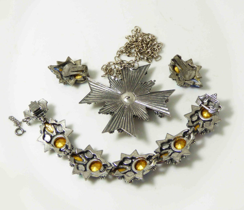 Florenza Maltese Cross Pendant, Bracelet and Clip Earrings, Book Piece - Vintage Lane Jewelry