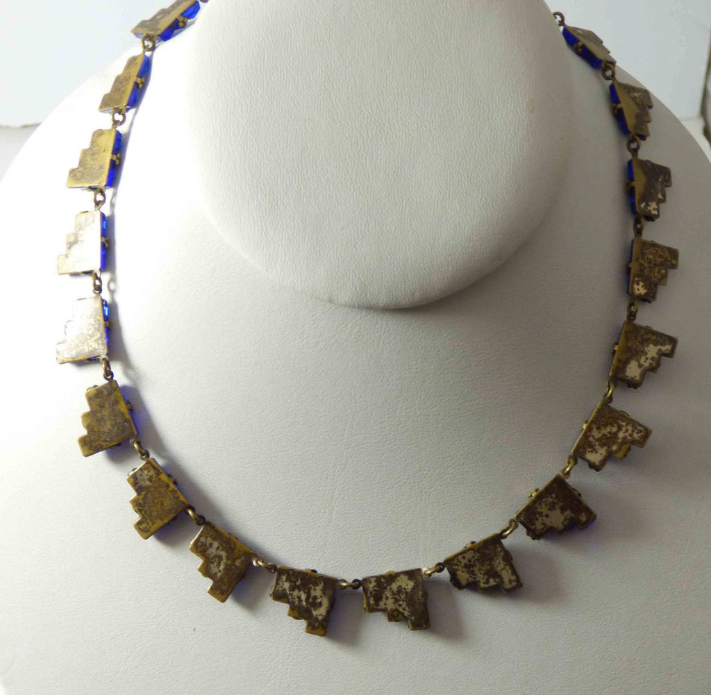 Art Deco Czech Blue Vauxhall Mirror Glass Step Necklace - Vintage Lane Jewelry