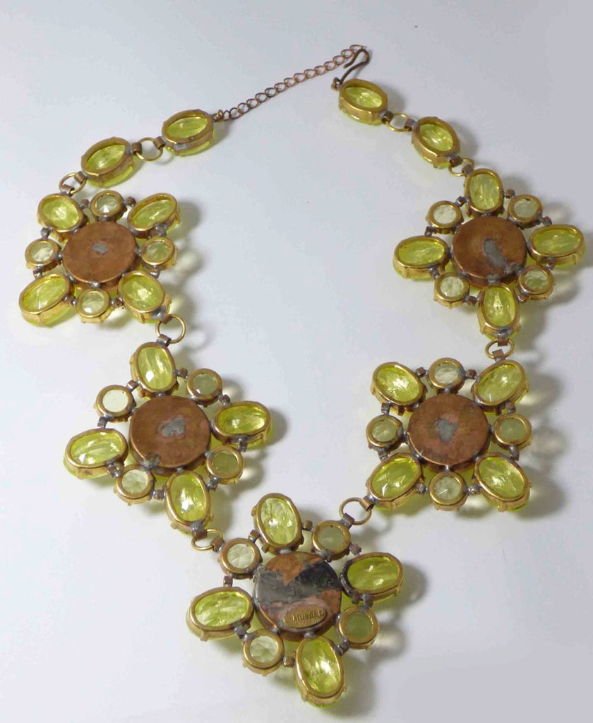 Czech Vaseline Uranium Flower Statement Necklace Husar D - Vintage Lane Jewelry