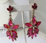 Red and Fuchsia Czech Glass Dangling Flower Pierced Earrings - Vintage Lane Jewelry