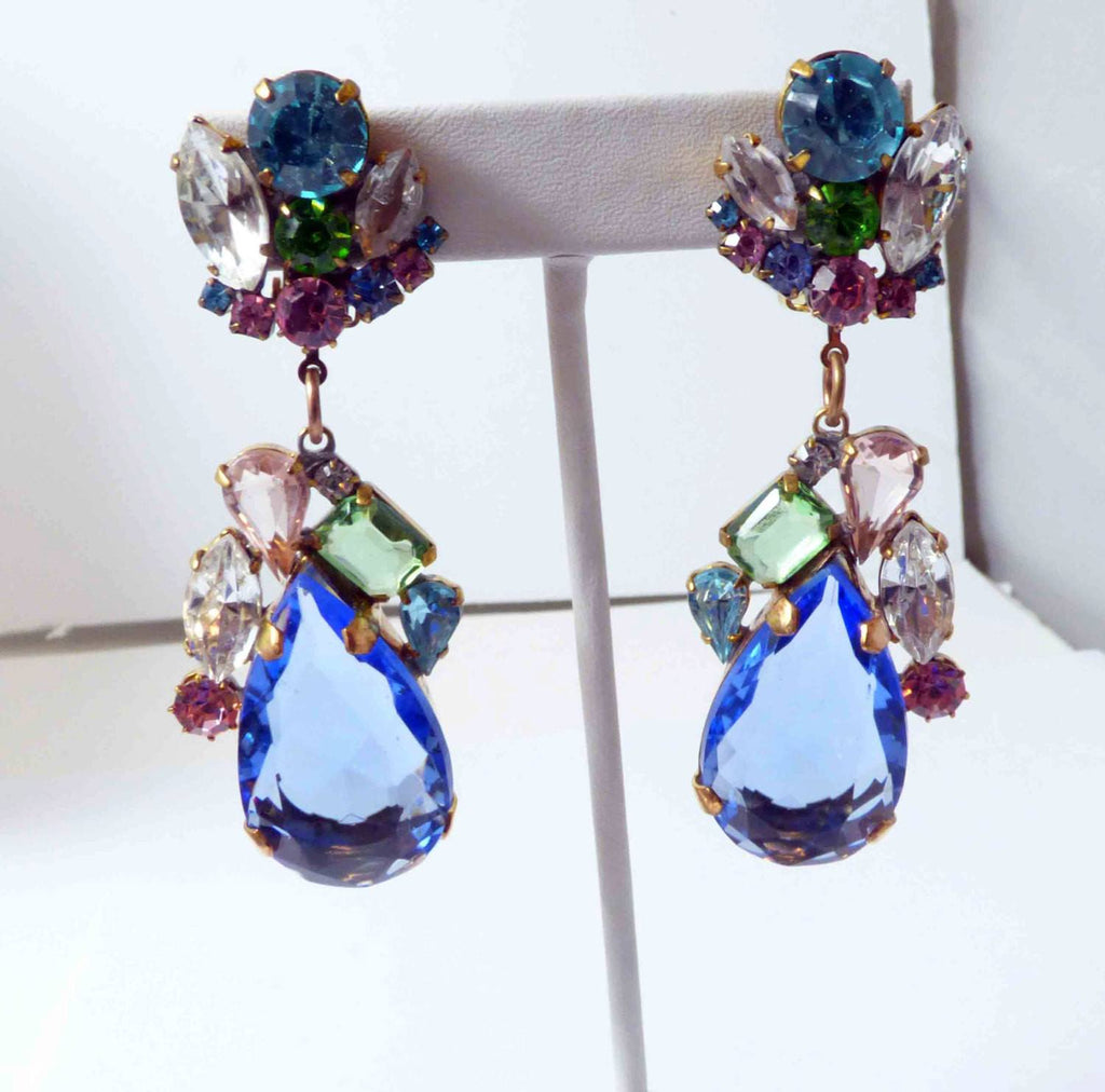 Czech Glass Blue Pastel Dangle Clip Earrings, Rhinestone, open-back - Vintage Lane Jewelry