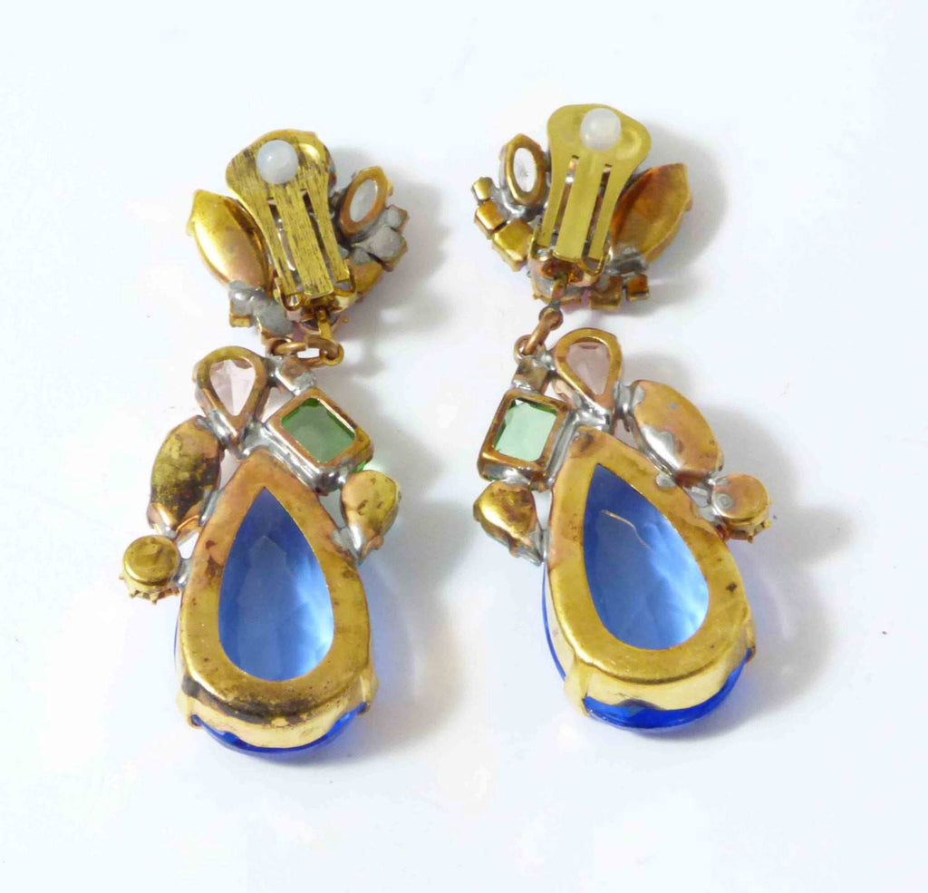 Czech Glass Blue Pastel Dangle Clip Earrings, Rhinestone, open-back - Vintage Lane Jewelry