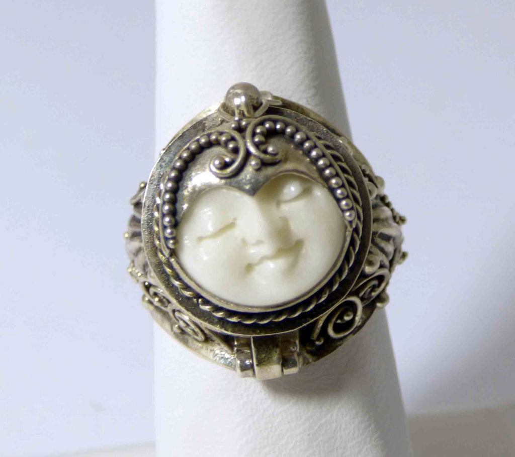 Balinese Bone Sterling Silver 925 Poison Ring, Pill Box Ring, Size 7.5 - Vintage Lane Jewelry