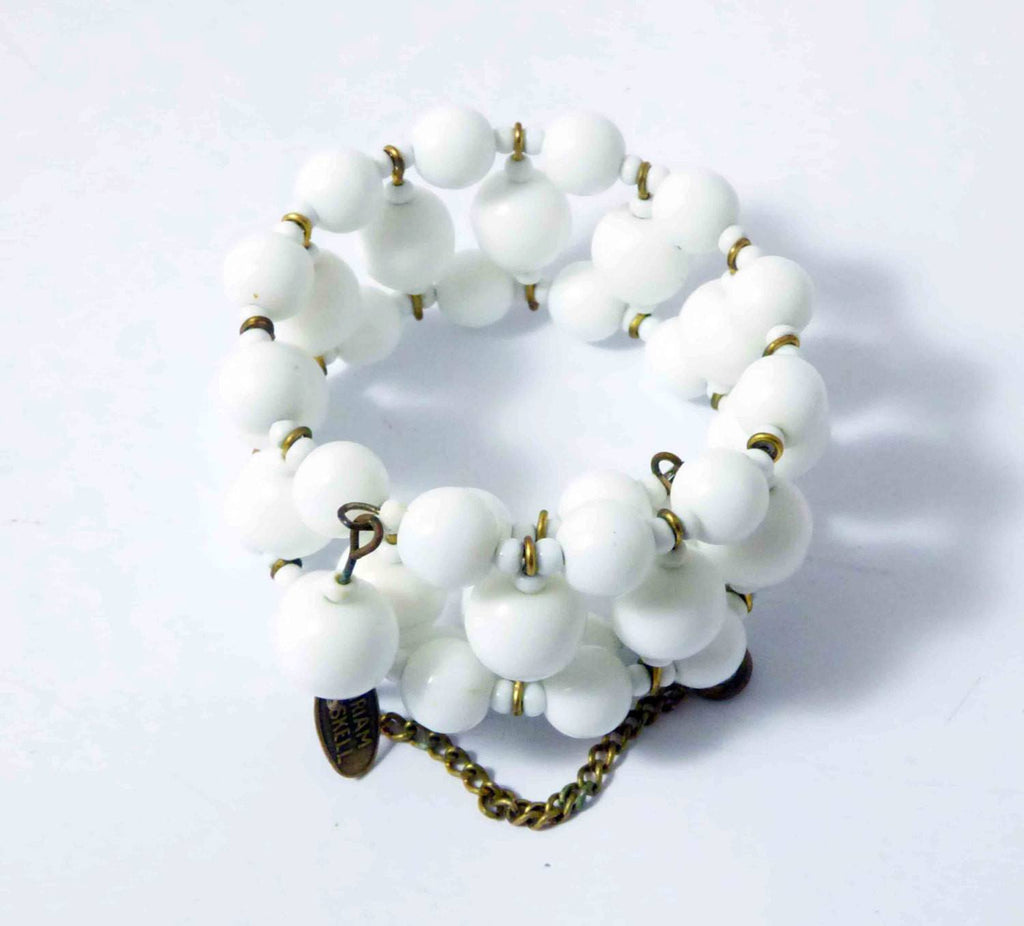Vintage Miriam Haskell White Milk Glass Bead Memory Bracelet - Vintage Lane Jewelry