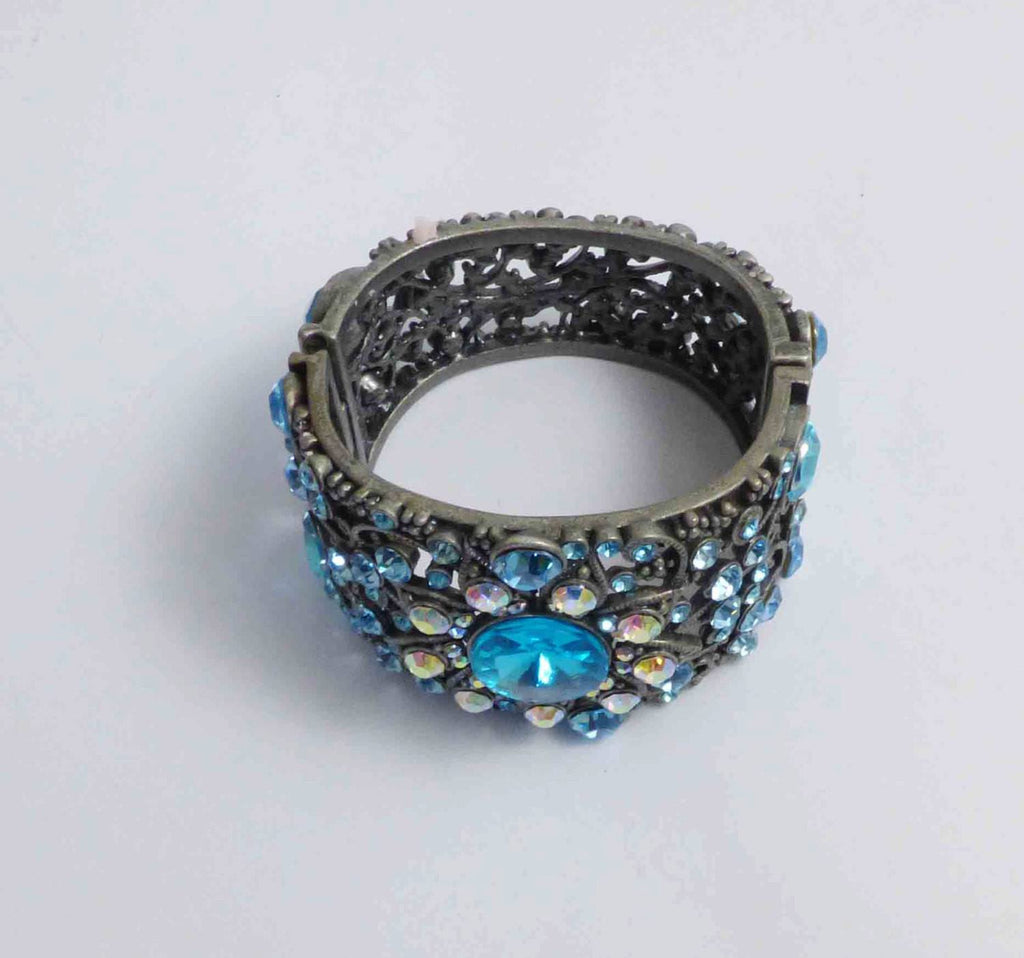 Blue Bling AB rhinestone Wide Cuff Bracelet, Signed RR - Vintage Lane Jewelry