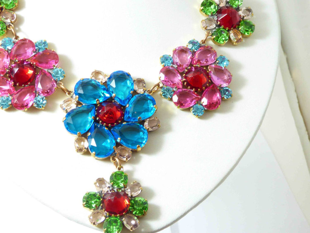 Czech Glass Flower Rhinestone Necklace Clip Earring Set - Vintage Lane Jewelry
