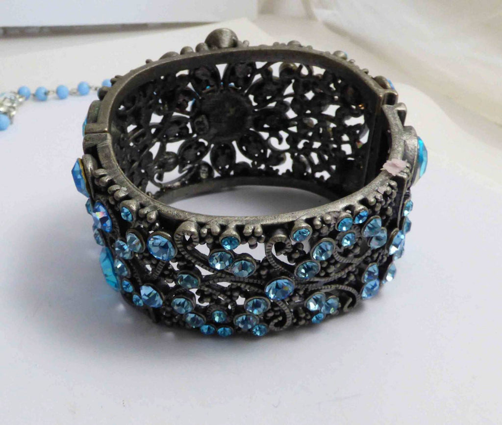 Blue Bling AB rhinestone Wide Cuff Bracelet, Signed RR - Vintage Lane Jewelry