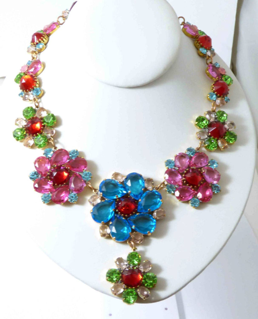 Czech Glass Flower Rhinestone Necklace Clip Earring Set - Vintage Lane Jewelry