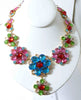 Czech Glass Flower Rhinestone Necklace Clip Earring Set - Vintage Lane Jewelry