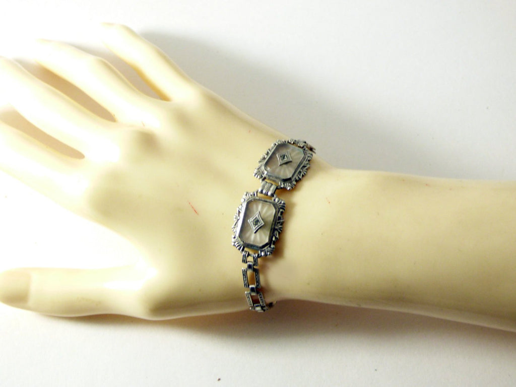 Vintage Art Deco Double Star-burst Camphor Glass Sterling Silver Bracelet - Vintage Lane Jewelry